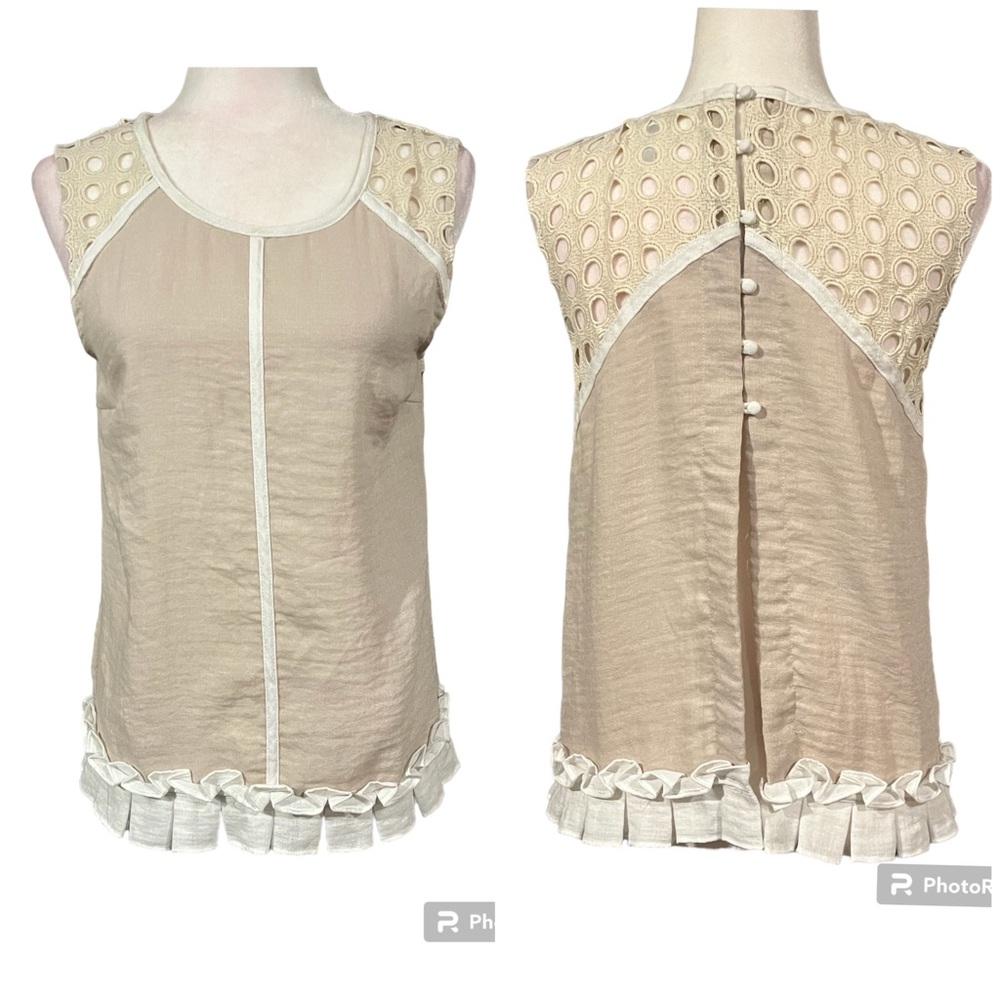 Easley Tank with Cut Work Lace Ruffle Open Back Tan and Off White Size S…